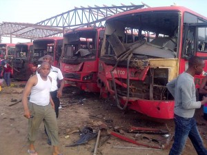 SOME BUSES AFFECTED BY EXPLOSION AT NYANYA MOTOR PARK IN ABUJA ON MONDAY (14/4/14). 