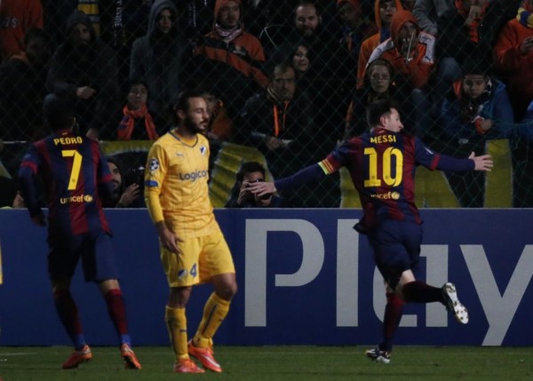 Lionel Messi Celebrates After Scoring His 72nd Career Champions League Goal Against APOEL on Tuesday. Image: Getty.