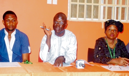 FROM LEFT: PROJECT MANAGER, TRANSITION MONITORING GROUP (TMG), MR LAZARUS APIR, TMG CHAIRMAN, MR IBRAHIM ZIKIRULLAHI AND THE VICE CHAIRMAN, HAJIA LIMOTA GOROSO, AT A NEWS CONFERENCE. 