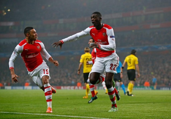 Yaya Sanogo Registered His First-Ever Arsenal Goal in Dortmund Defeat. Image: AFP/Getty.