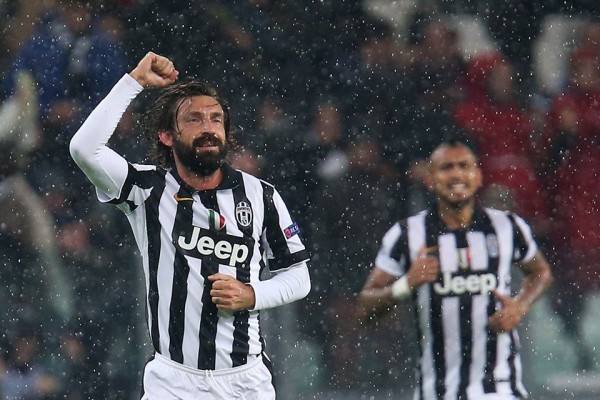 Andrea Pirlo Celebrates His First Champions League Goal Against Olympiakos non Match Day Four. Image: Getty.