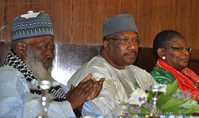 CHAIRMAN OF THE OCCASION, JUSTICE MUSTAPHA AKANBI (L) FORMER CHIEF OF ARMY STAFF, LT. GENERAL ABUDLRAHAMAN DAMBAZAU (M); AND FORMER MINISTER FOR EDUCATION, DR. OBY EZEKWESILI