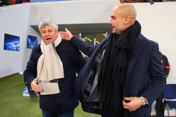 Mircea Lucescu and Pep Guardiola Before Kickoff. Image: AFP/Getty.