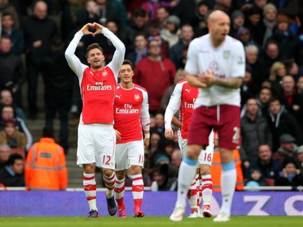 Olivier Giroud Celebrates After Putting Arsenal Ahead against Aston Villa. Image: Getty.