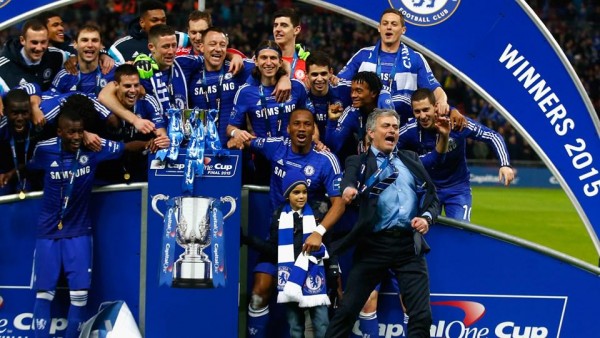 Jose Mourinho Celebrates With His Chelsea Team After Winning a Third League Cup Trophy at Wembley Stadium. Image: Getty.