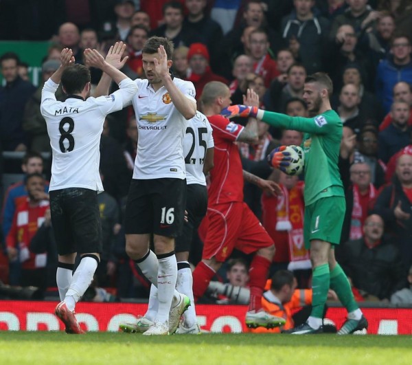 David de Gea Enraged With Martin Skrtel after the Defender Appeared to Stamp on His Legs. Image: EPA.
