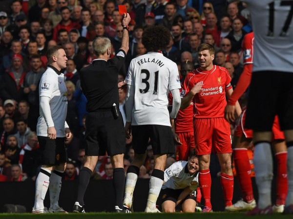 Steven Gerrard Sent Off after 38 Seconds of Coming on for Adam Lallana at Anfield. Image: Getty.