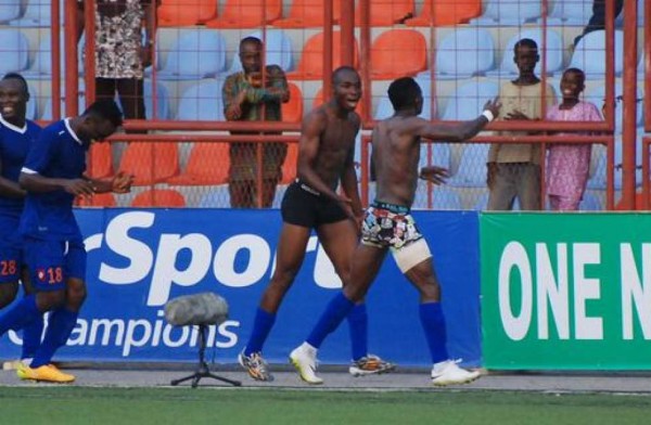 Sunshine Stars Players Kunle Odunlami and Prince Aggrey Celebrate Last Gasp Goal. Image: LMC. 