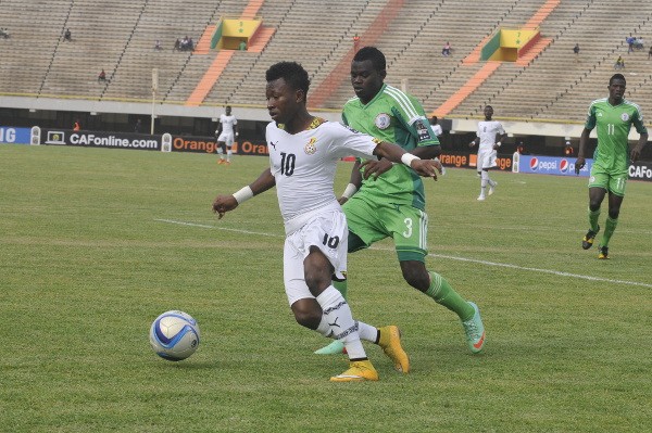 Flying Eagles Left-Back Mustapha Abdullahi in Action Against Ghana at the African Youth Championship.  
