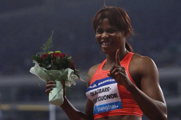 Blessing Okagbare-Igho Celebrates after Winning the 100m at the Shanghai Diamond League Meet on 17 May. Image: Reuters.