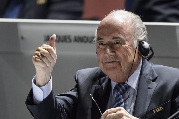 Sepp Blatter Thumbs Up His Supporters after Winning a Fifth Term as Head of FIFA. Image: AP.