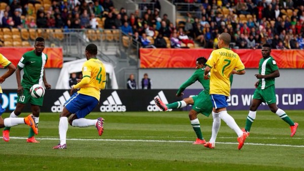 Isaac Success Scores Flying Eagles Equaliser against Brazil at the Taranaki Stadium. Image: Fifa via Getty.