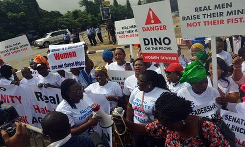 women protest against Dino Melaye