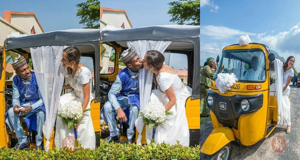Photos: Nigerian man and his American bride wed with tricycle (Keke)