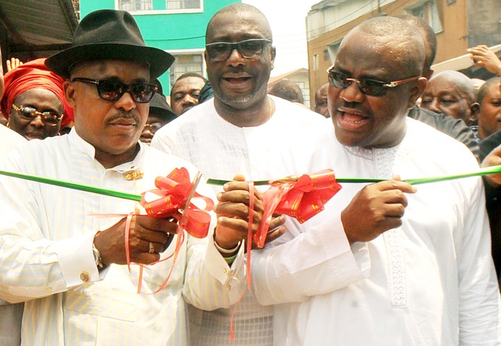 FROM LEFT: PDP DEPUTY NATIONAL CHAIRMAN, MR UCHE SECONDUS; CHAIRMAN, PDP RIVERS, MR FELIX OBUAH AND NYESOM WIKE