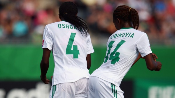 Oshoala Celebrates With Team-Mate Osarenoma Igbinovia After Scoring Her Fourth Goal of the Fifa U-20 Women's World Cup in Canada. Image: Getty Image.