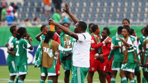 Peter Dedevbo Celebrates With the Super falconets After Victory Over England. Image: Getty Image.
