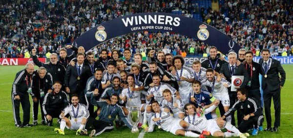 Real Madrid Players and Coaches Clebrate Winning the 2014/15 Uefa Super Cup in Cardiff.