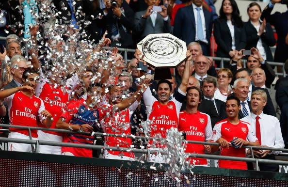 Mikel Arteta Lifts the Community Shield Earlier This Season after Victor Over Manchester City. Image: Getty.