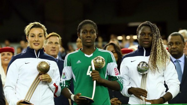 Asisat Oshoala Flanked By France's Pair of  Griedge Mbock Bathy and Claire Lavogez During the Fifa U-20 World Cup Award Presentation Ceremony. Image Getty.
