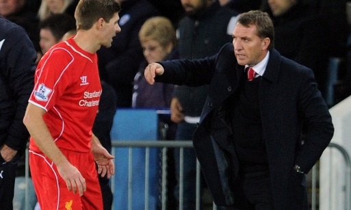 Steven Gerrard Takes Instruction from Brendan Rodgers During the Win at the King Power Stadium. Image: LFC via Getty.