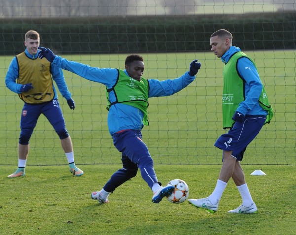 Danny Welbeck and Kieran Gibbs During Monday Morning Training Session. Image: Arsenal FC.