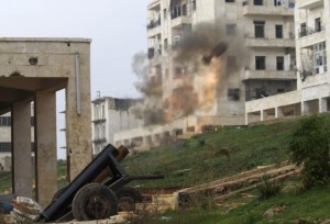 A locally made shell is launched by rebel fighters towards forces loyal to Syria's President Bashar al-Assad at the frontline in al-Breij district of Aleppo