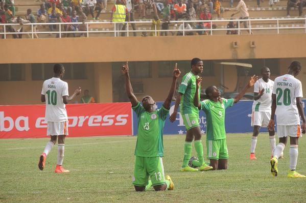 Golden Eaglets Players in Praise and Thanksgiving Mood after Their 2-0 Win against Hosts Niger in the Opening Game of the Africa U-17 Championship in Niamey. Image: Caf Via AFP.  