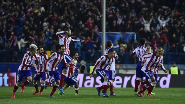 Atletico Madrid Players Celebrate Their Uefa Champions League Triumph Over Bayer Leverkusen at the Vicente Calderon. Image: Getty.