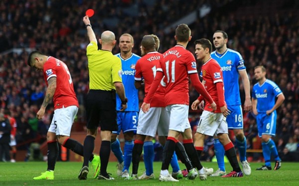 Wes Brown Wrongfully Shown Red Card at Old Trafford. Image: Pic Philip Oldham/Sportimage. 