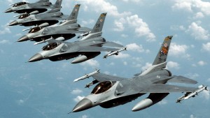 File photo of five U.S. Air Force F-16 "Fighting Falcon" jets flying in echelon formation over the U.S. en route to an exercise