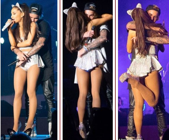 Justin Bieber joined Ariana Grande for a surprise appearance during her per...
