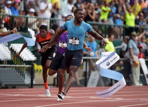 Justin Gatlin Celebrates after Winning the Men's 200m in Meet Record Time at the USA Trials. Image: Getty.