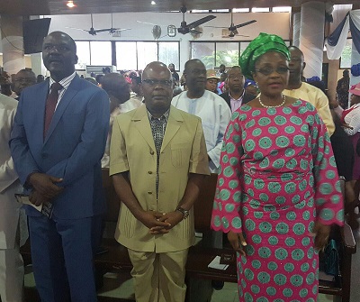 THE IMMEDIATE PAST CHIEF OF DEFENCE INTELLIGENCE, CDI, REAR ADMIRAL GABRIEL OKOI (RTD); THE CHIEF OF NAVAL STAFF, VICE ADMIRAL IBOK IBAS AND HIS WIFE AT THE THANKSGIVING SERVICE.