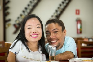 ITAPEVA, BRAZIL - 23 MARCH: Paulo, 30 and his girlfriend, Katyucia, 26, having dinner on March 23, 2016, in their home city Itapeva, Brazil. WITH a combined height of 5ft 10in, Paulo Gabriel da Silva Barros and Katyucia Lia Rochedo are the world¿s smallest couple. The tiny pair from Brazil both have forms of dwarfism and stand at 88.5 and 89.5cm respectively. But their height has no limits on their lifestyle ¿ or their love. Paulo, 30, who has diastrophic dysplasia dwarfism, drives a specially adapted car and works as a legal secretary, and is even planning on running for mayor. Katyucia, 26, who has achondroplasia dwarfism, owns her own beauty salon ¿ and the couple are hoping to enter the record books for their size. PHOTOGRAPH BY Thiago Antonovas / Barcroft Media UK Office, London. T +44 845 370 2233 W www.barcroftmedia.com USA Office, New York City. T +1 212 796 2458 W www.barcroftusa.com Indian Office, Delhi. T +91 11 4053 2429 W www.barcroftindia.com