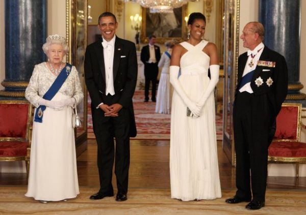 LONDON, ENGLAND - MAY 24:  (L-R)  Queen Elizabeth II poses with U.S. President Barack Obama, his wife Michelle Obama and Prince Philip, Duke of Edinburgh in the Music Room of Buckingham Palace ahead of a State Banquet on May 24, 2011 in London, England. The 44th President of the United States, Barack Obama, and his wife Michelle are in the UK for a two day State Visit at the invitation of HM Queen Elizabeth II. During the trip they will attend a state banquet at Buckingham Palace and the President will address both houses of parliament at Westminster Hall.  (Photo by Chris Jackson - WPA Pool/Getty Images)