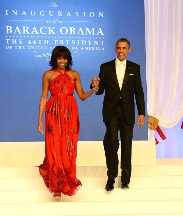 WASHINGTON, DC - JANUARY 21:  U.S. President Barack Obama and first lady Michelle Obama arrive together for The Inaugural Ball at the Walter E. Washington Convention Center on January 21, 2013 in Washington, United States.  (Photo by Michael Kovac/WireImage)