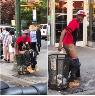 Video: Man poop inside waste bin in broad daylight on busy New York ...