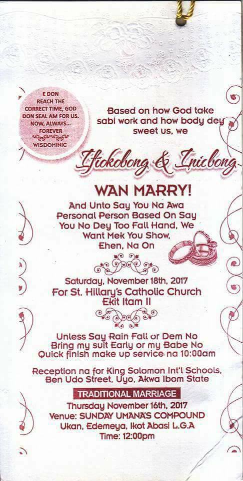 Check out this funny wedding invitation card written in pidgin English -  Information Nigeria