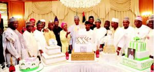 Image result for Osinbajo, governors join Buhari to cut birthday cakes