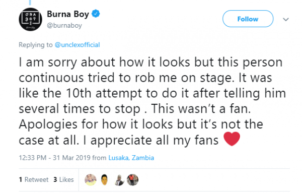 Burna Boy apologies for kicking fan