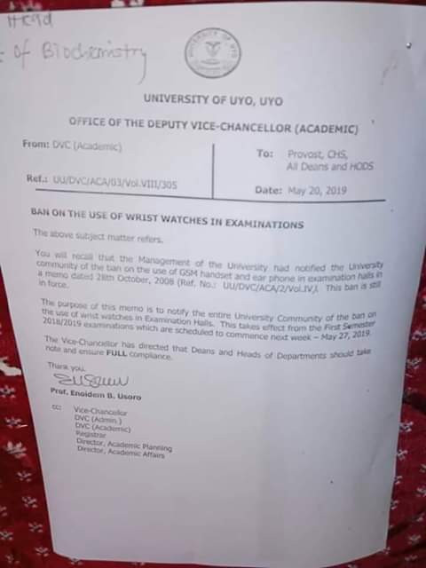 The use of wristwatches during exams, banned by University of Uyo