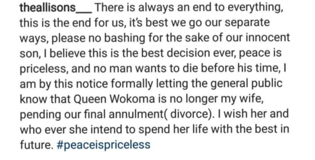 Nollywood actress Queen Wokoma's marriage has ended!