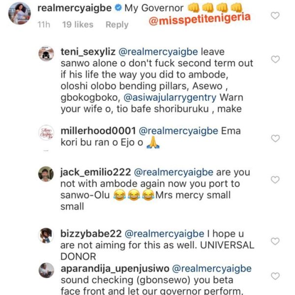 Actress Mercy Aigbe dragged over her comment on Sanwo-Olu's page