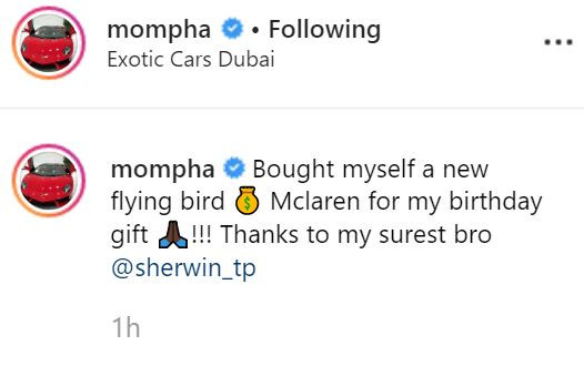 [Photos]: Mompha claims he just acquired a Mclaren 'flying car' to celebrate his birthday 
