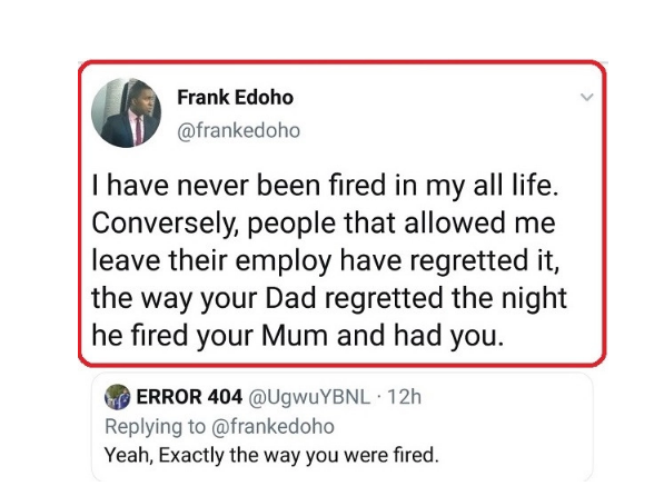'Your Dad regretted the night he fired your Mum and had you' - Frank Edoho slams troll