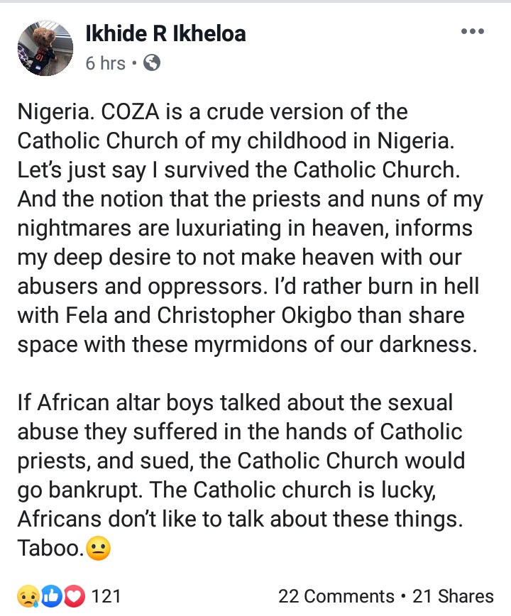 'Catholic Church would go bankrupt if African altar boys speak on the sexual abuse they suffered' - Ikhide Ikheloa