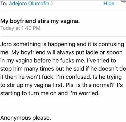 lady shares bizzare sexual activity her man does befe they have sex