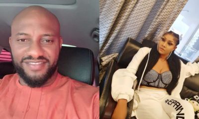 Collage photo of Yul Edochie and injured actress, Angela Okorie