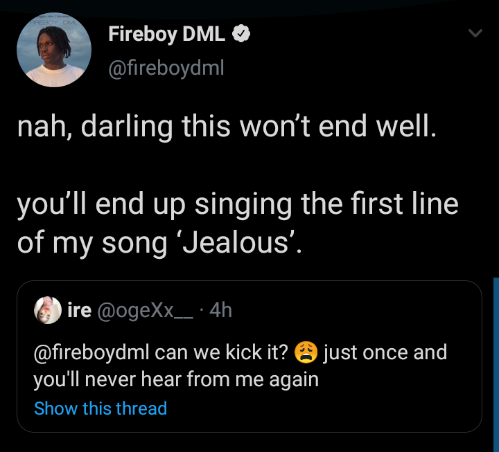Fireboy DML's tweet